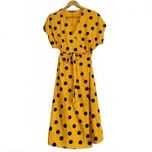 ZARA Ladies Short Sleeve Bright Yellow Polka Dot Wrap Dress Midi Length Jersey K